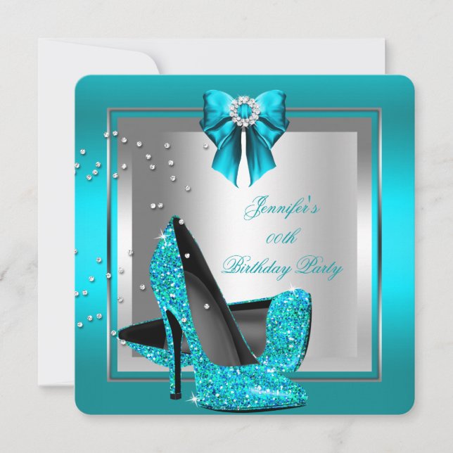 Glitter Teal Blue High Heel Silver Birthday Party Invitation (Front)