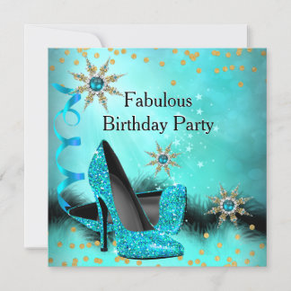 Glitter Teal Blue High Heels Birthday Party Invitation
