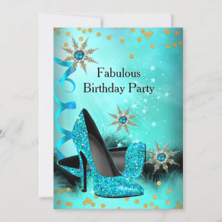 Glitter Teal Blue High Heels Birthday Party Invitation