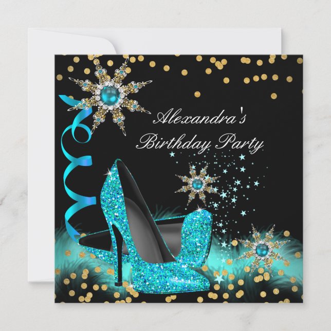 Glitter Teal Blue High Heels Black Birthday Party Invitation (Front)