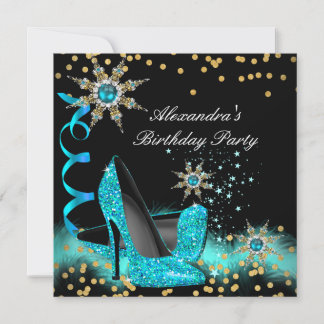 Glitter Teal Blue High Heels Black Birthday Party Invitation