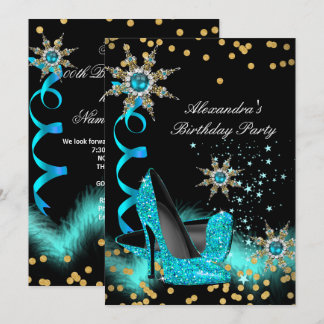 Glitter Teal Blue High Heels Black Birthday Party Invitation