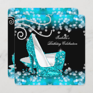 Glitter Teal Blue High Heels Diamonds Birthday Invitation