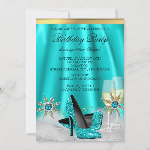 Glitter Teal Blue High Heels Gold Champagne Party Invitation