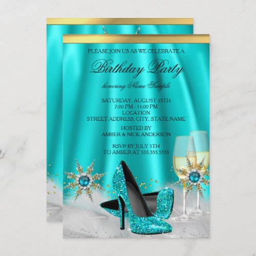 Glitter Teal Blue High Heels Gold Champagne Party Invitation