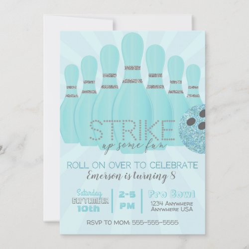 Glitter Teal Bowling Birthday Party strike Invitation