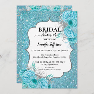 Glitter Teal Floral Bridal Shower Invitation
