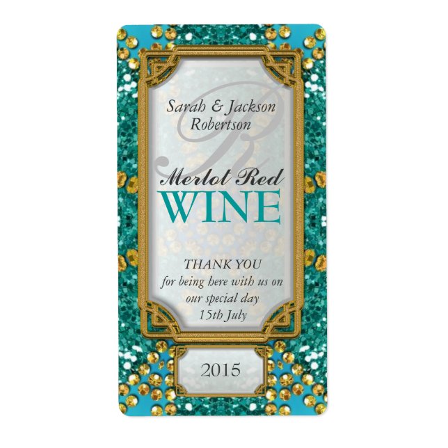 Glitter Teal Gold Custom Wine Bottle Labels (Front)