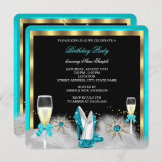Glitter Teal High Heels Black Gold Champagne Invitation