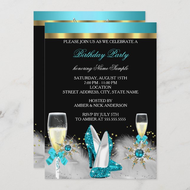 Glitter Teal High Heels Black Gold Champagne Invitation (Front/Back)