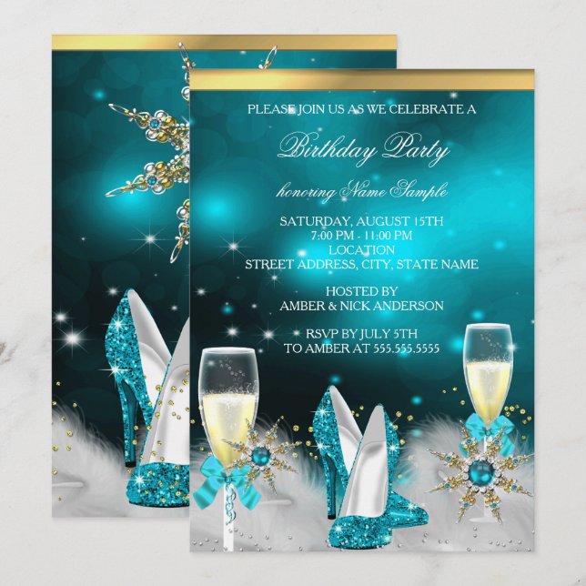 Glitter Teal High Heels Silver Gold Champagne Invitation (Front/Back)