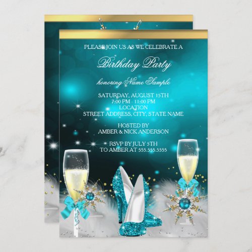 Glitter Teal High Heels Silver Gold Champagne Invitation