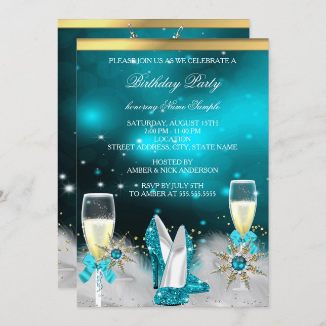 Glitter Teal High Heels Silver Gold Champagne Invitation (Front/Back)