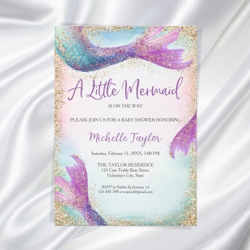 Glitter Teal Little Mermaid Summer Girl Baby Invitation