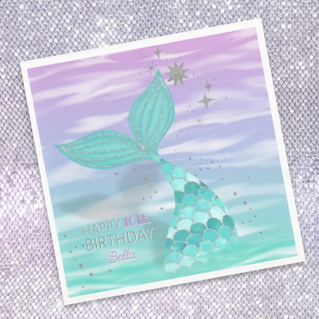 Glitter Teal Mermaid Happy Birthday Name & Any Age Napkins (Creator Uploaded)