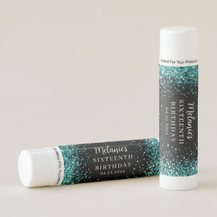 Glitter Teal on Black Sixteenth Birthday Favor Lip Balm