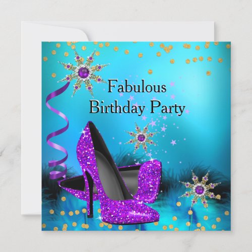Glitter Teal Purple High Heels Birthday Party 2 Invitation
