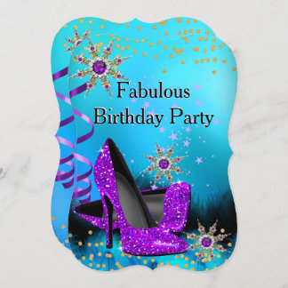 Glitter Teal Purple High Heels Birthday Party 2 Invitation