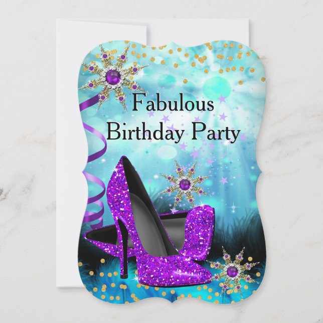 Glitter Teal Purple High Heels Birthday Party Invitation (Front)