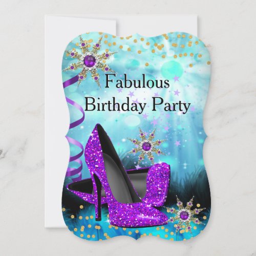 Glitter Teal Purple High Heels Birthday Party Invitation