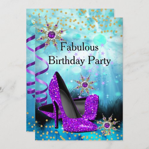 Glitter Teal Purple High Heels Birthday Party Invitation