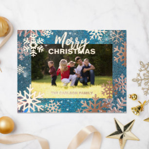 Glitter Teal Rose Gold Snowflake Photo Christmas Foil Holiday Postcard