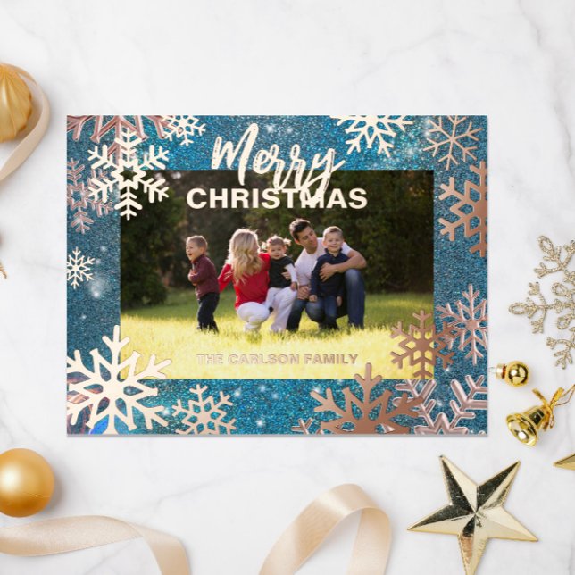 Glitter Teal Rose Gold Snowflake Photo Christmas Foil Holiday Postcard (Creator Uploaded)