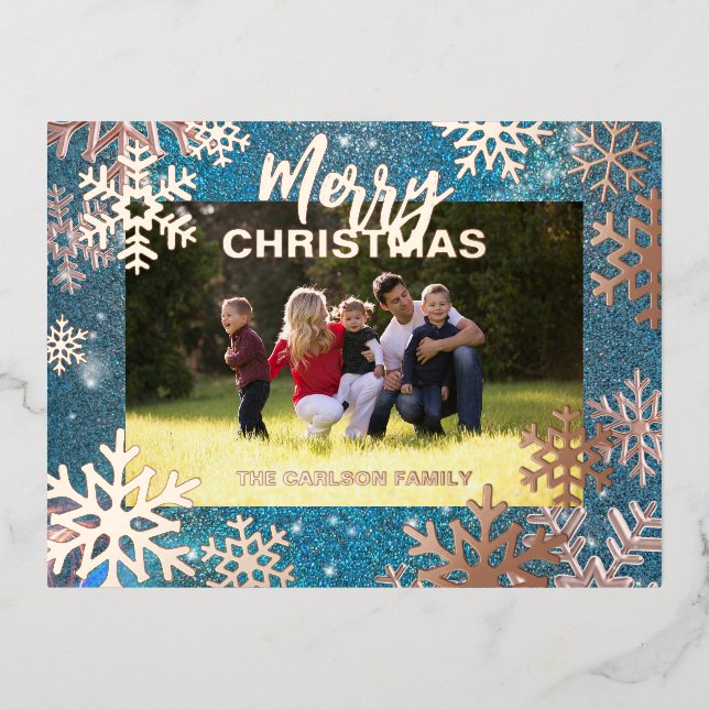 Glitter Teal Rose Gold Snowflake Photo Christmas Foil Holiday Postcard (Front)