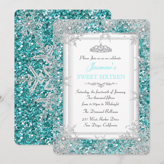 Glitter Teal Silver Winter Wonderland Sweet 16 Invitation (Front/Back)