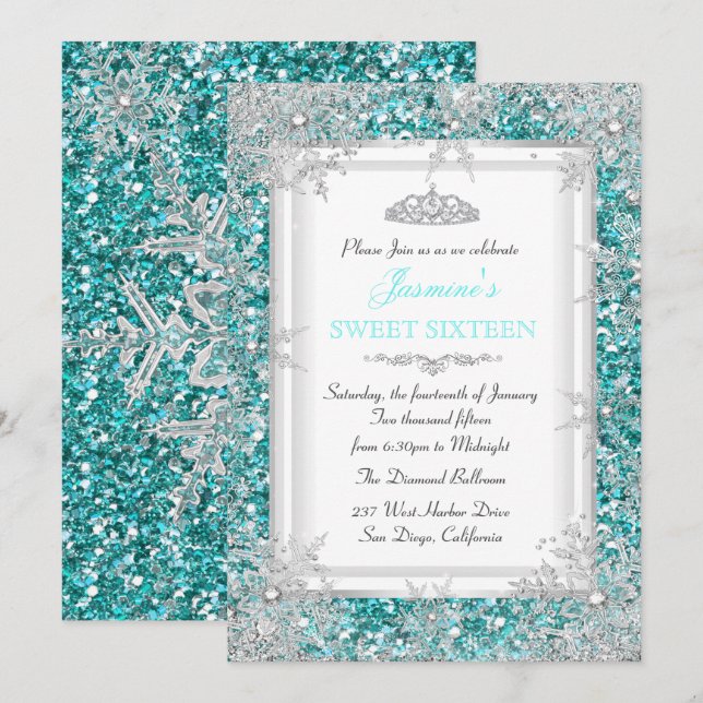 Glitter Teal Silver Winter Wonderland Sweet 16 Invitation (Front/Back)