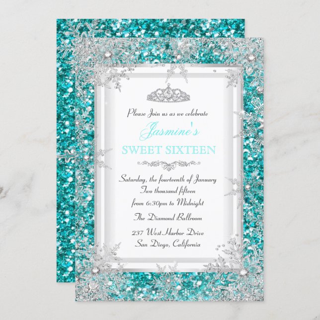 Glitter Teal Silver Winter Wonderland Sweet 16 Invitation (Front/Back)