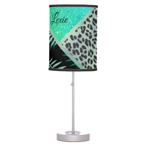 Glitter Teal Tropical Leopard Print Personalize   Table Lamp