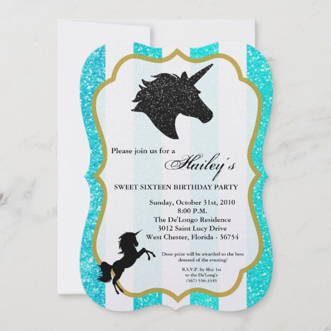 Glitter Teal Unicorn Sweet 16 Birthday Invite (Front)