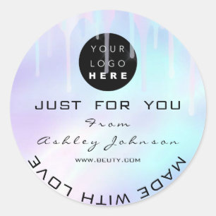 Glitter Thank Logo Holograph Made With Love Blue Classic Round Sticker