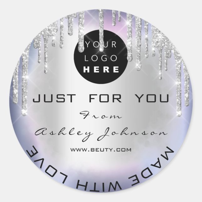 Glitter Thank Logo Made With Love Silver Blue Classic Round Sticker (Front)