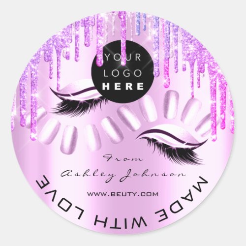 Glitter Thank Logo Pink Lash Made With Love Nails Classic Round Sticker