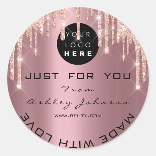 Glitter Thank Logo Rose Drips Made With Love Pink Classic Round Sticker Glitter Thank Logo Rose Drips Made With Love Pink Classic Round Sticker