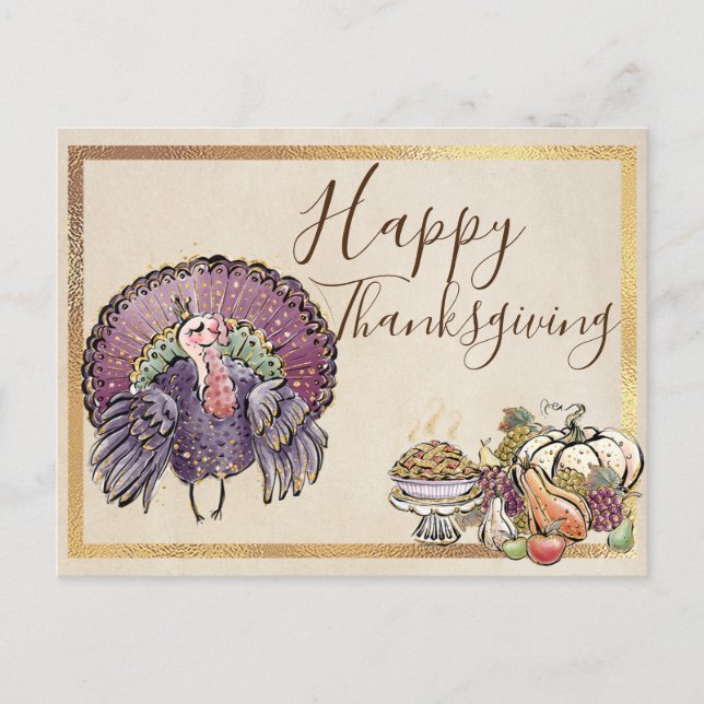 Glitter Thanksgiving Fall Turkey and Feast Postcard (Front)