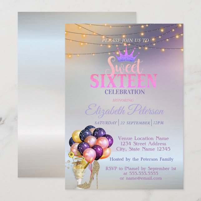 Glitter Tiara,Coctail, Silver Sweet 16 Party Invitation (Front/Back)