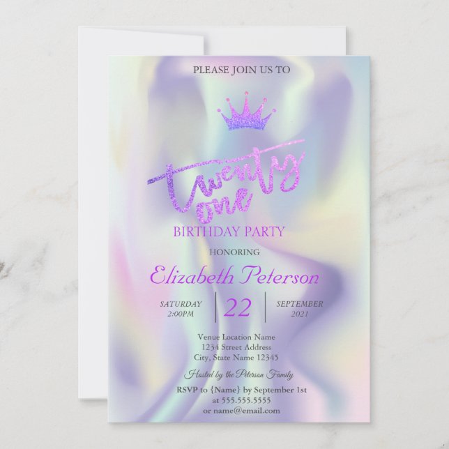 Glitter Tiara Holographic 21st Birthday Party  Invitation (Front)