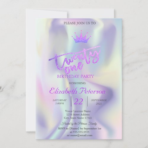 Glitter Tiara Holographic 21st Birthday Party  Invitation