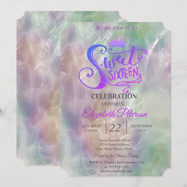  Glitter Tiara Holographic Pearl Sweet 16 Party Invitation (Front/Back)