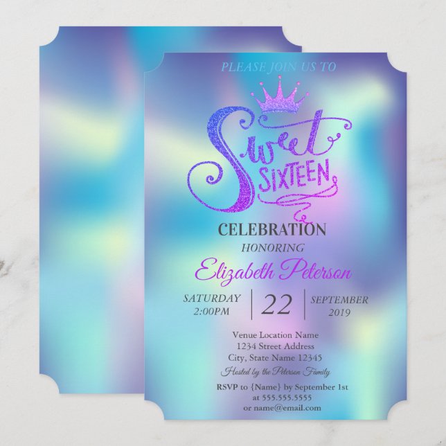 Glitter Tiara Holographic Sweet 16 Party Invitation (Front/Back)