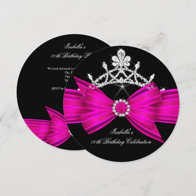 Glitter Tiara Hot Pink Diamond Bow Birthday Party Invitation (Front/Back)