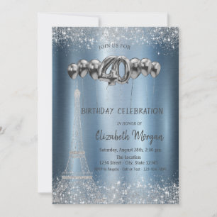 Glitter Tower Confetti Balloons Blue Metallic 40th Invitation