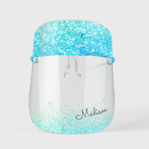 Glitter Tropical Teal Girly Add Your Name Kids' Face Shield