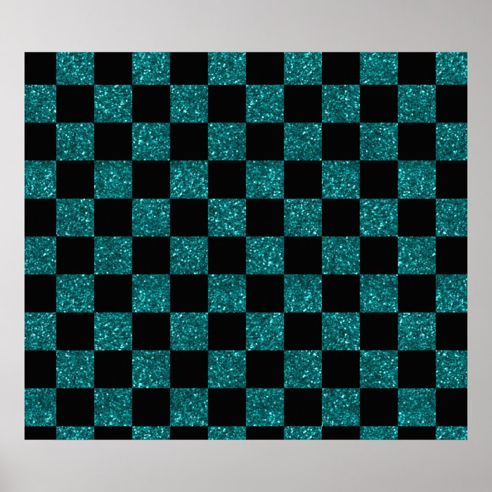 Glitter turquoise and black checkered pattern print