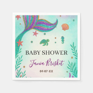 Glitter Turquoise Mermaid Baby Shower Napkins