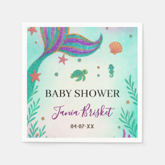 Glitter Turquoise Mermaid Baby Shower Napkins