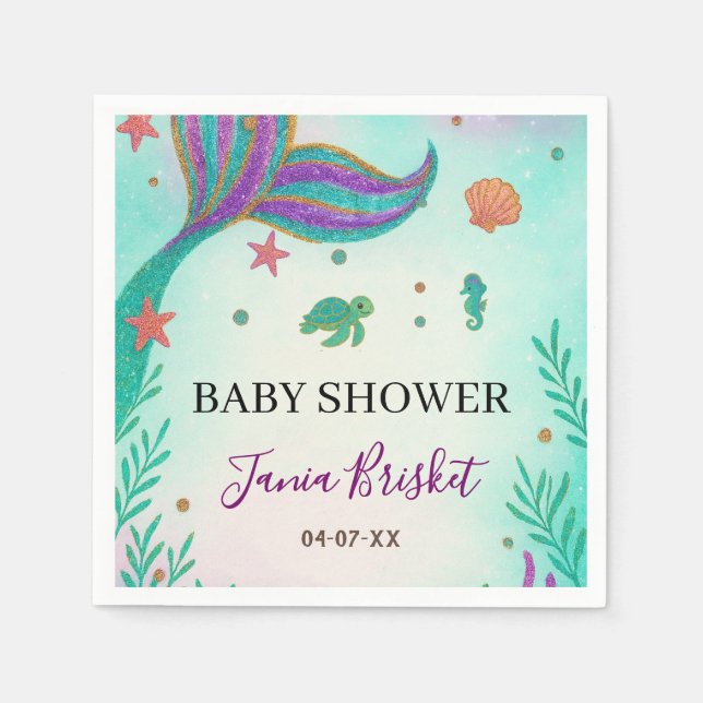 Glitter Turquoise Mermaid Baby Shower Napkins (Front)